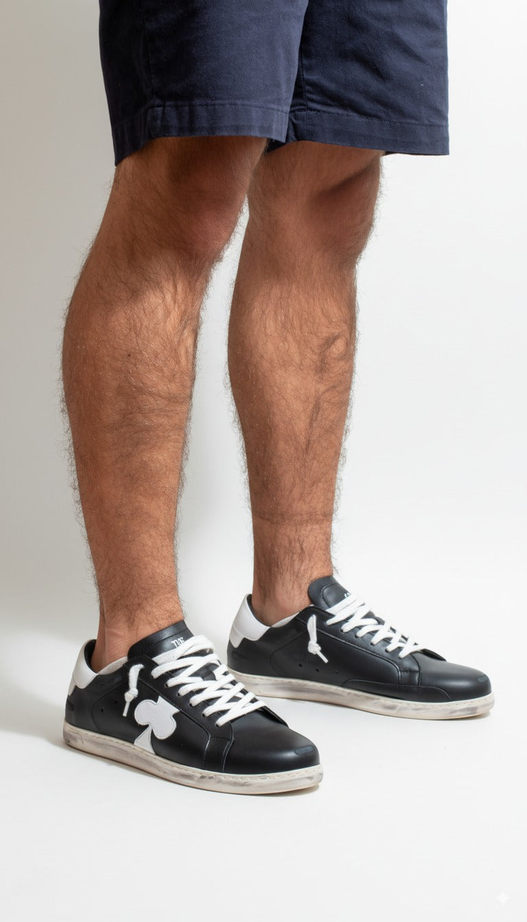 Distressed Leather Sneaker: Geneva - BLACK & WHITE