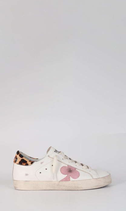 Women's Distressed Leather Sneaker: MILANO - PINK CLOVER WITH LEOPARD HEEL