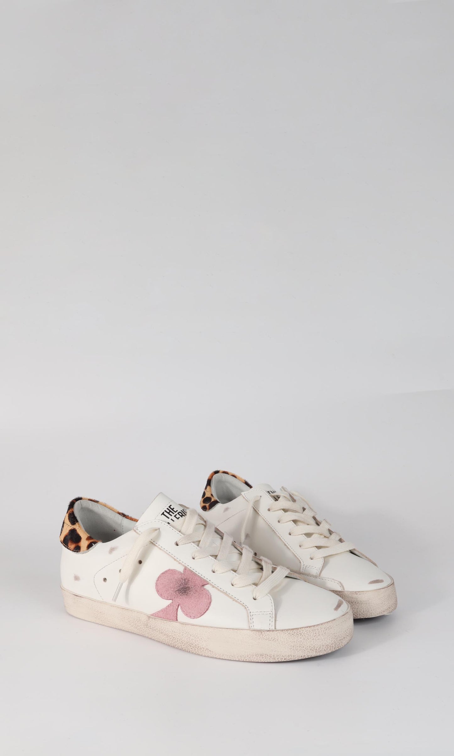 Women's Distressed Leather Sneaker: MILANO - PINK CLOVER WITH LEOPARD HEEL